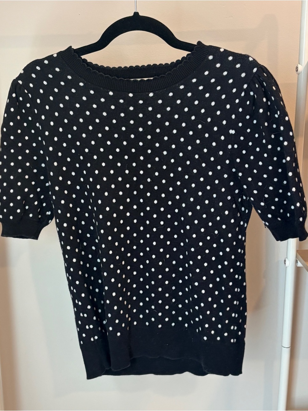 LOFT Black Knit Top with White Polka Dots